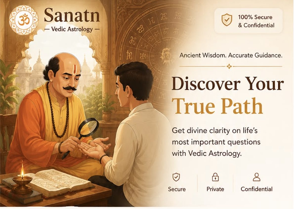 Vedic astrologer reading a palm